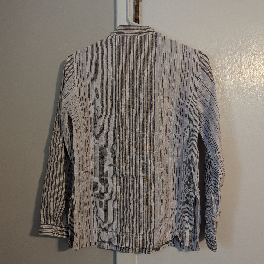 Kate Hill Petite Blue Yellow and White Striped Linen 3/4 Front Button Top S PS - Picture 2 of 7